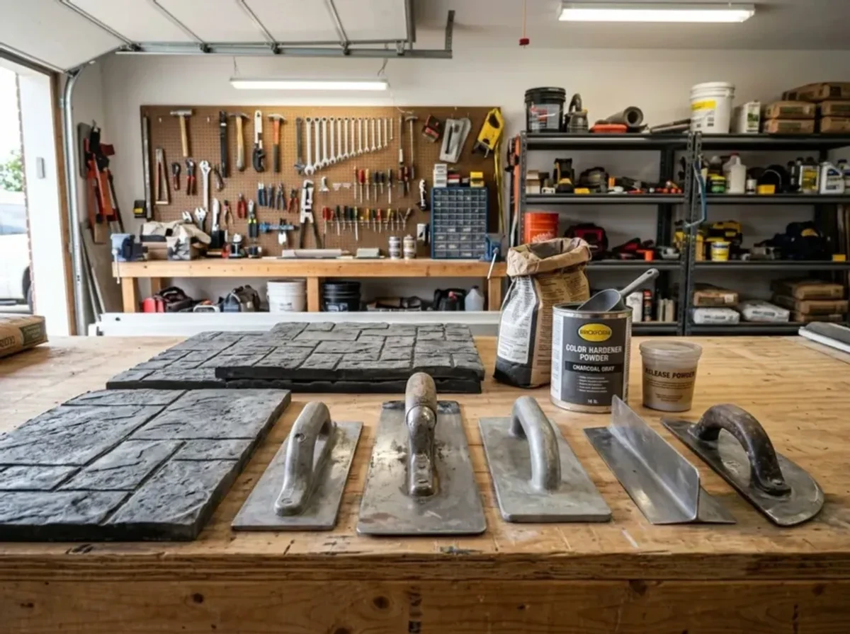 Professional concrete stamping tools and equipment in a well-organized workshop