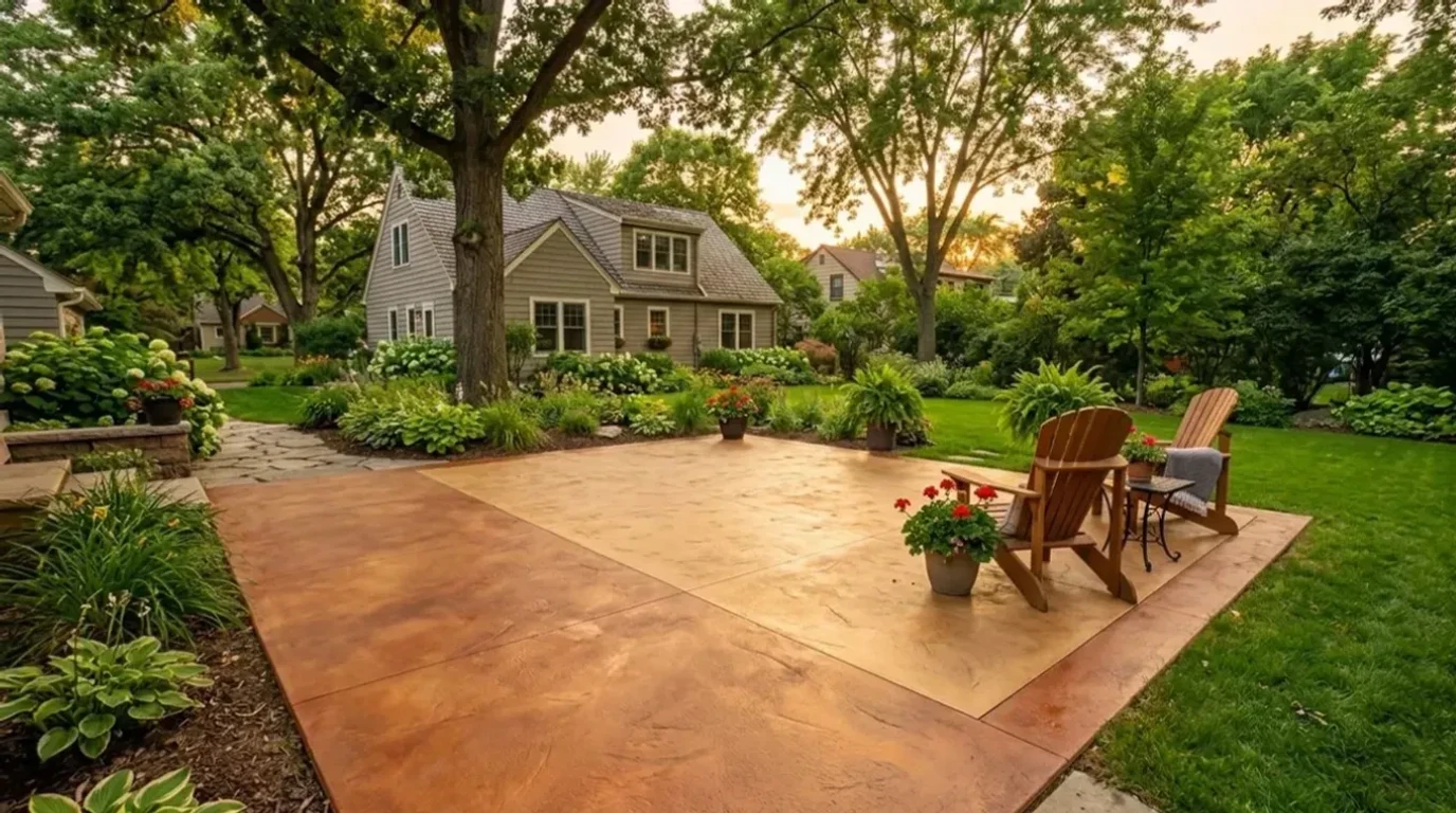 Colored concrete patio with warm sandstone integral color installed in Minneapolis by Jensen Decorative Concrete