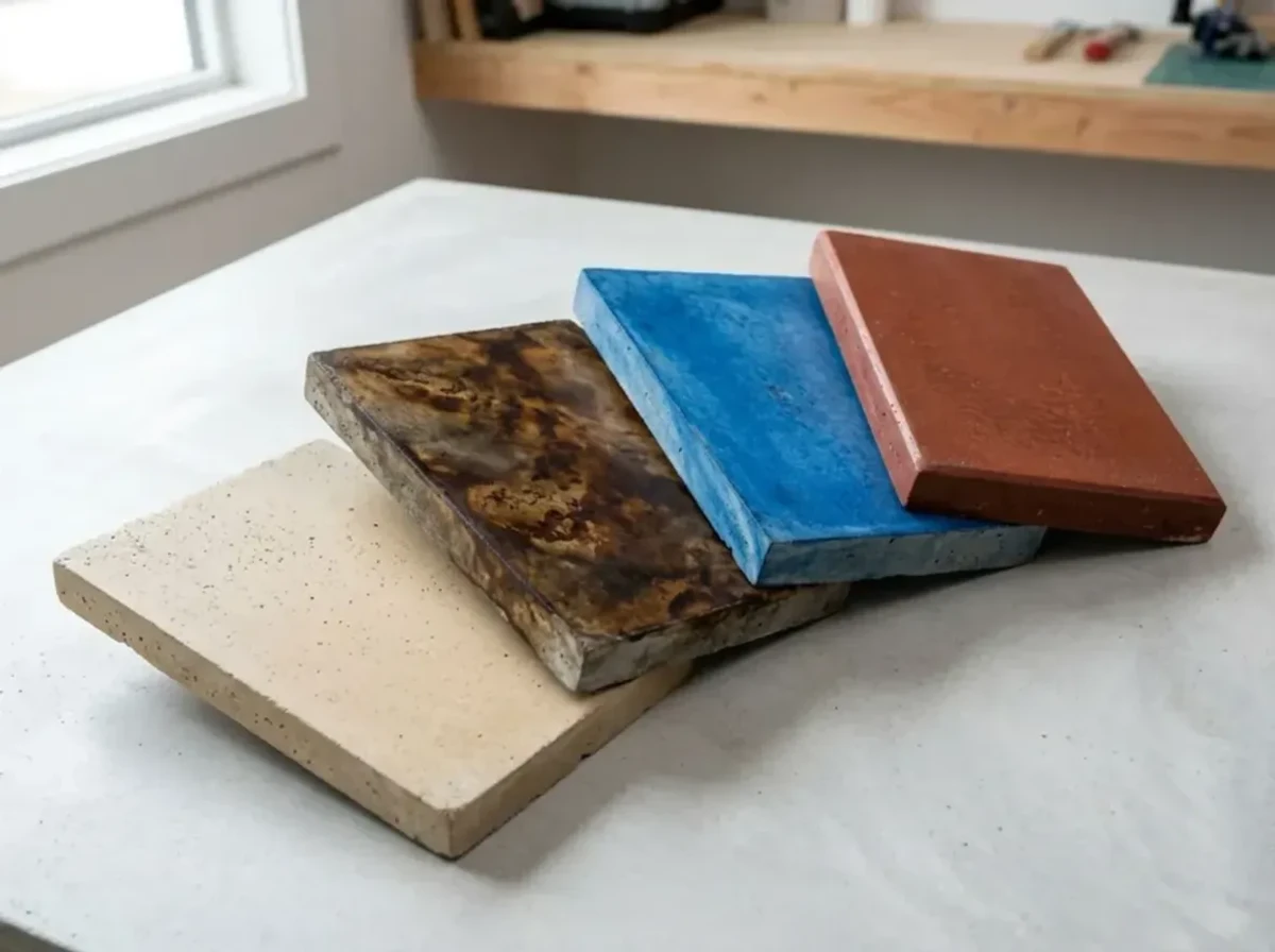 Colored concrete sample boards showing integral color and stain options from Jensen Decorative Concrete