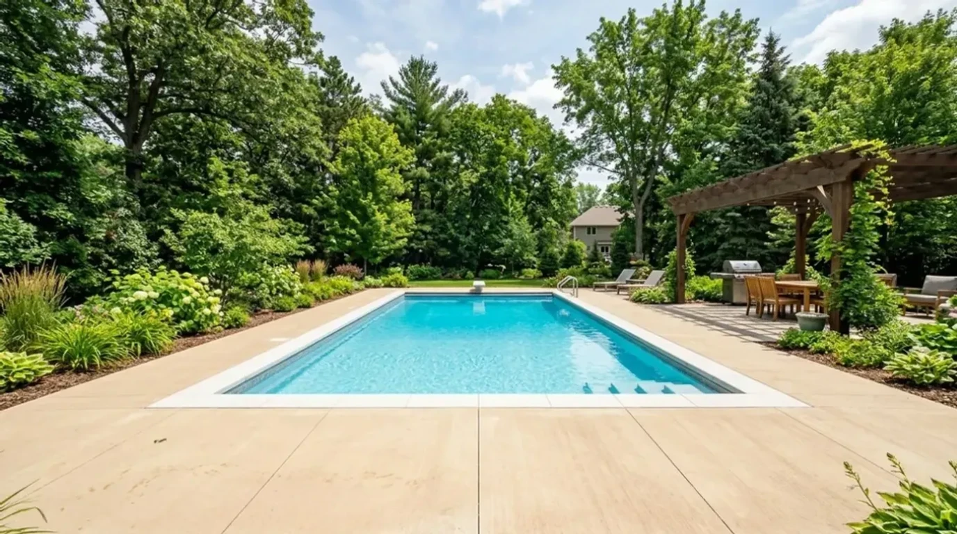 Colored concrete pool deck in light sandstone tone in Shorewood, MN