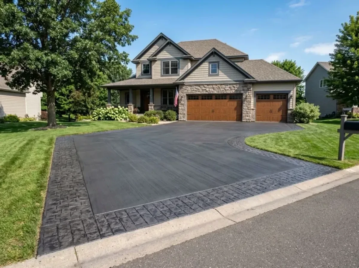 Colored concrete driveway with decorative stamped border by Jensen Decorative Concrete