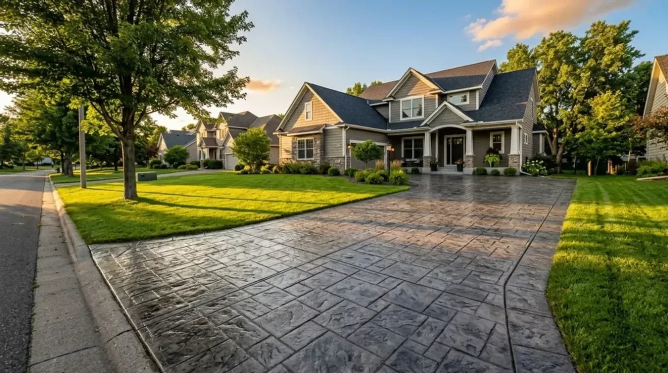 Stamped concrete driveway with ashlar slate pattern in Minneapolis, MN by Jensen Decorative Concrete