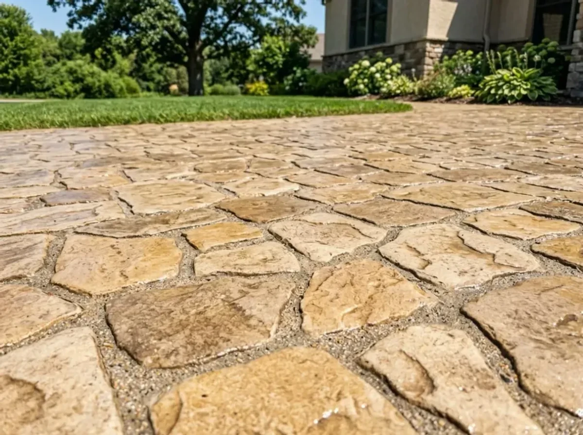 Stamped cobblestone concrete driveway detail in Twin Cities suburb by Jensen Decorative Concrete