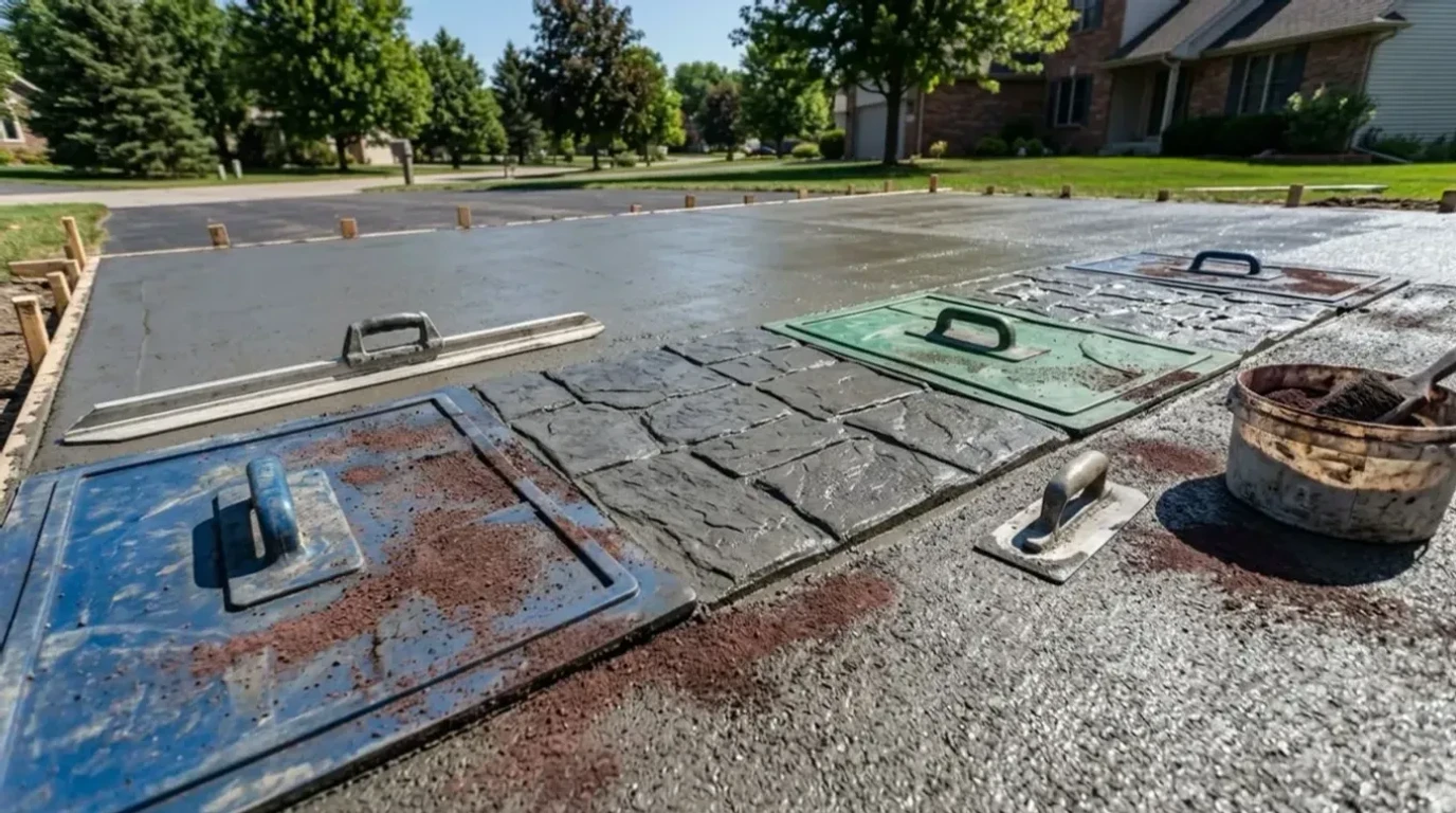 Concrete stamping process showing detailed pattern work by Jensen Decorative Concrete