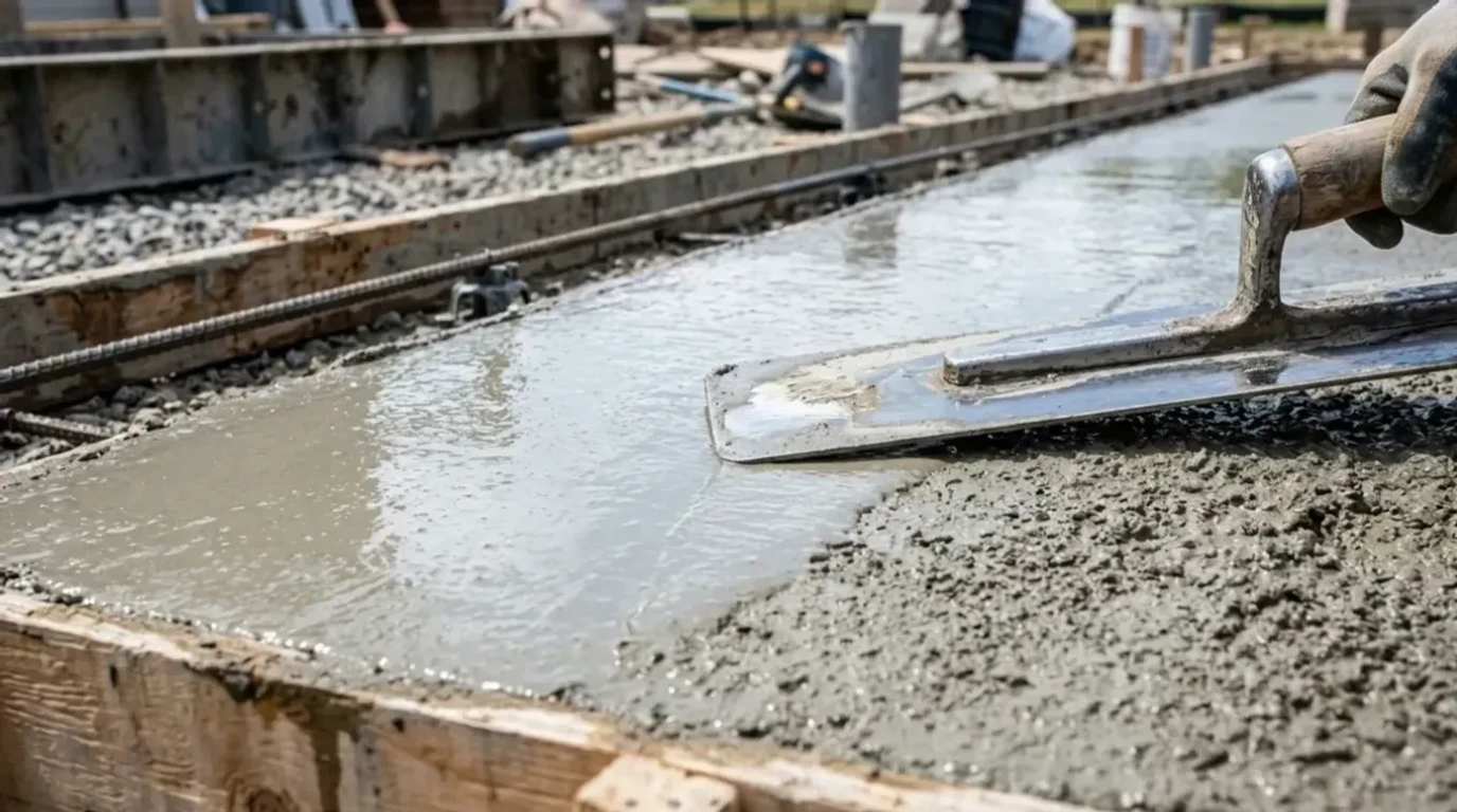 Concrete flatwork installation — fresh concrete being finished by Jensen Decorative Concrete