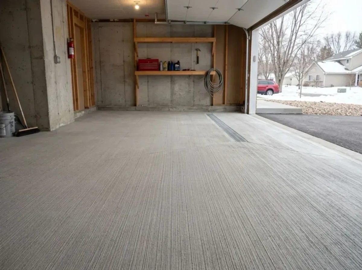 New concrete garage floor installation in a two-car garage — Twin Cities metro garage floor replacement by Jensen Decorative Concrete