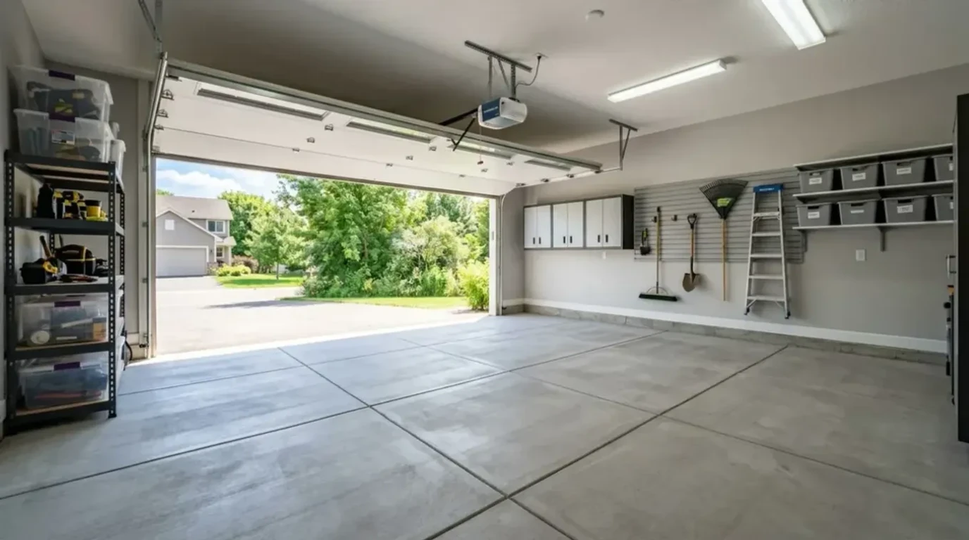 Spacious double-car garage with new concrete floor by Jensen Decorative Concrete