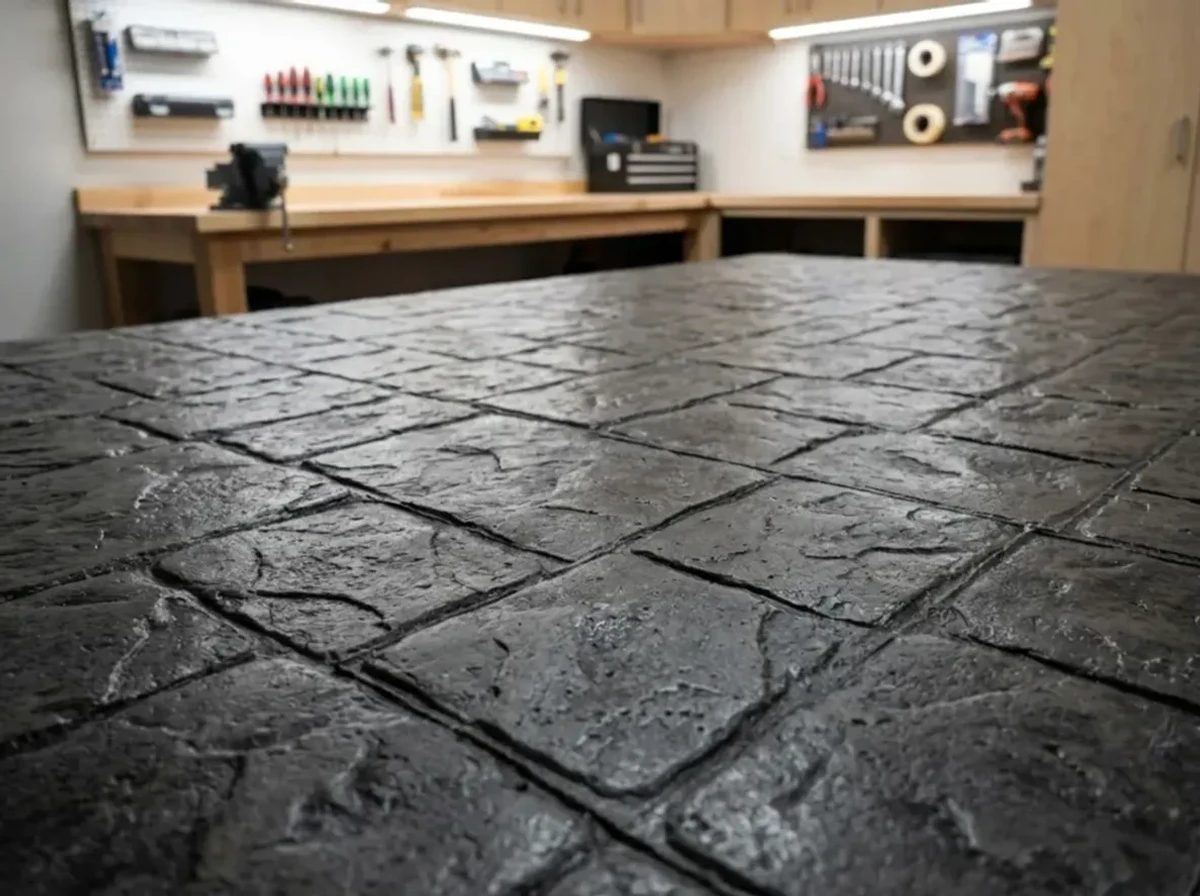 Stamped concrete garage floor with integral color by Jensen Decorative Concrete