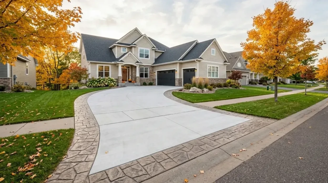 Beautifully finished decorative concrete driveway by Jensen Decorative Concrete in the Twin Cities suburbs