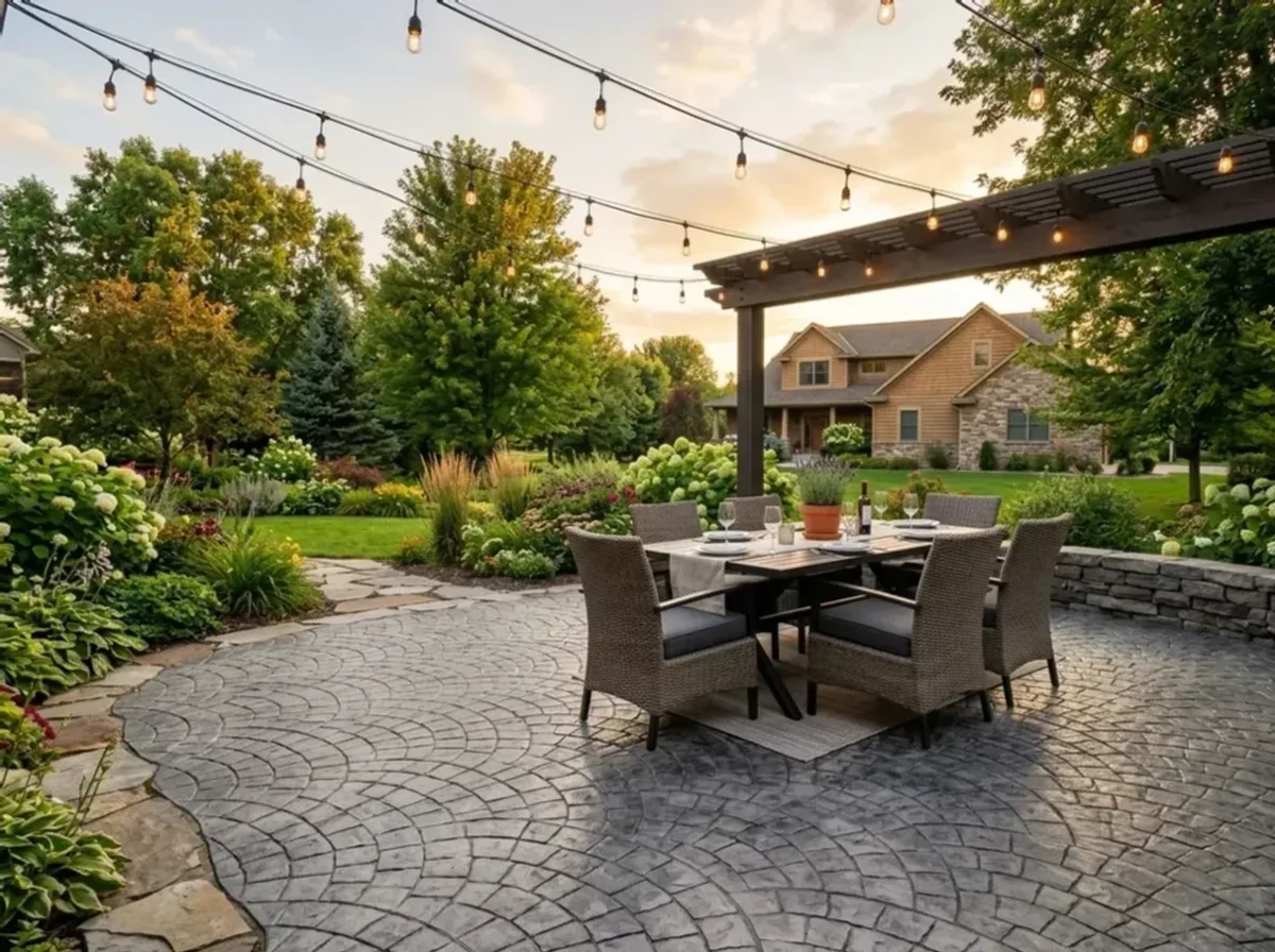 Stamped concrete patio in Minnetonka, Minnesota — Ashlar slate pattern with warm brown tones.