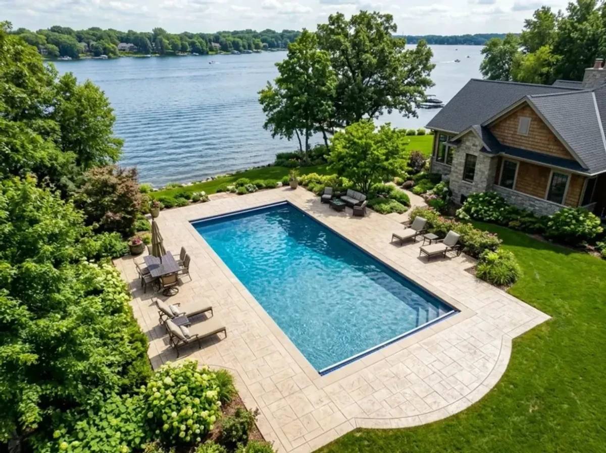 Stamped concrete pool deck with seamless pattern surrounding in-ground pool in Wayzata, Minnesota.