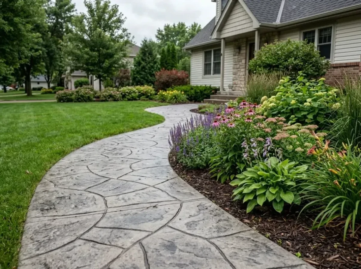 Stamped concrete walkway in Bloomington, Minnesota — curved flagstone pattern.