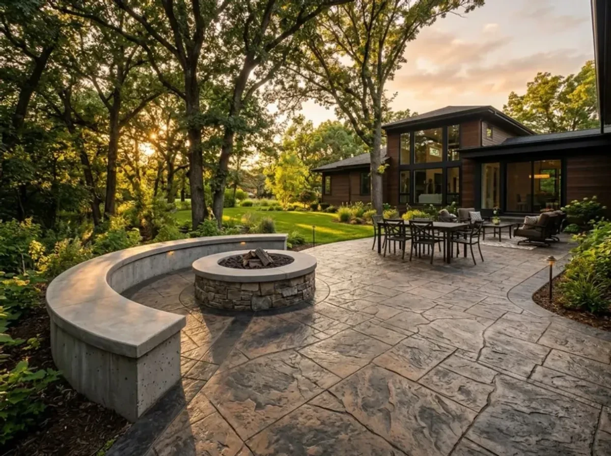 Stamped concrete patio with seating wall and fire pit area in Orono, Minnesota.