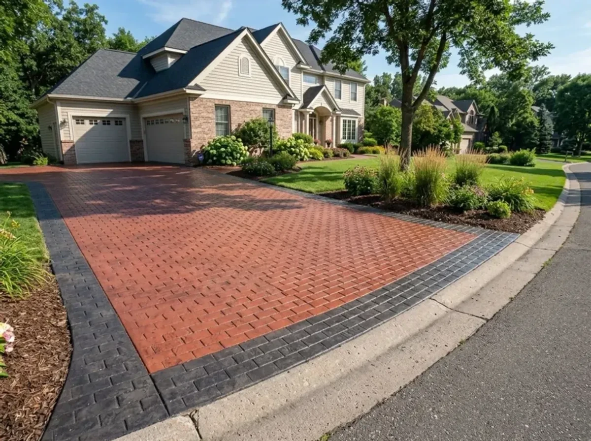 Stamped concrete driveway with two-tone brick pattern in Eden Prairie, Minnesota.