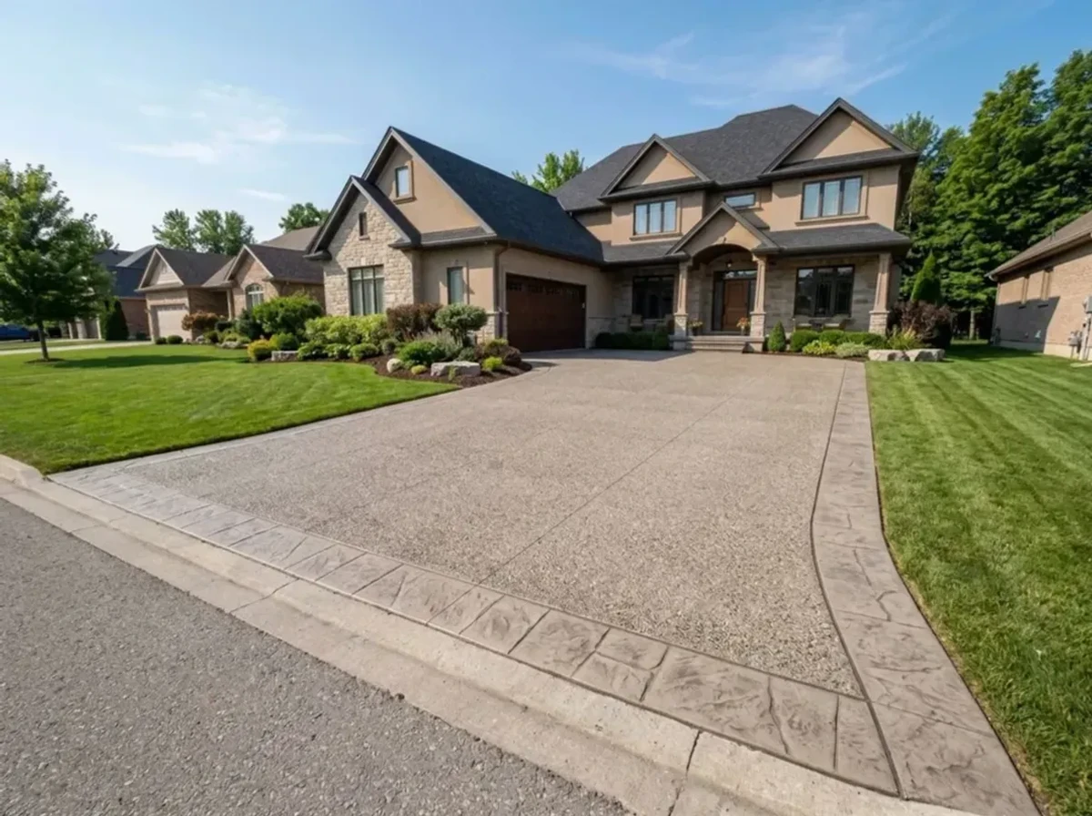 Colored concrete driveway in Excelsior, Minnesota — smooth finish with decorative border.