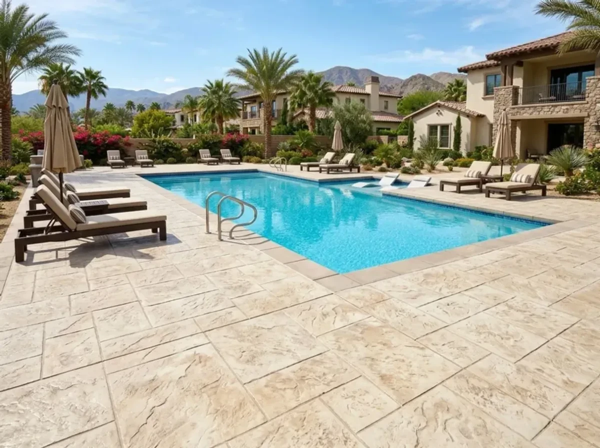 Stamped concrete pool deck in Wayzata, Minnesota — stone texture with non-slip finish.