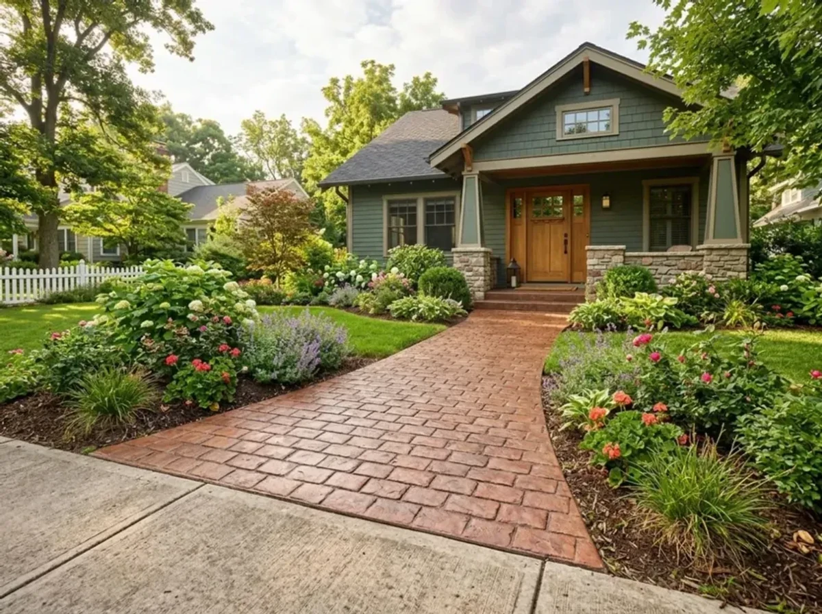 Concrete sidewalk and walkway in Shorewood, Minnesota — stamped cobblestone pattern.