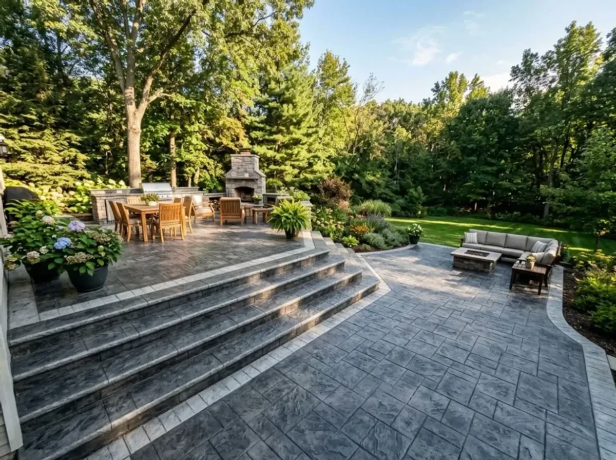 Stamped concrete patio with seating wall in Orono, Minnesota — natural stone pattern.