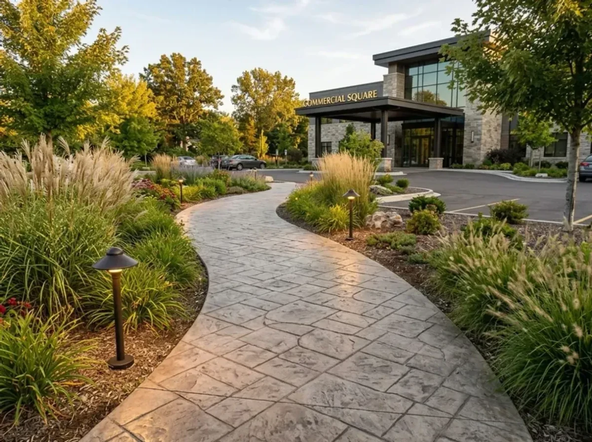 Stamped concrete driveway in Eden Prairie, Minnesota — two-tone colored finish with running bond pattern.