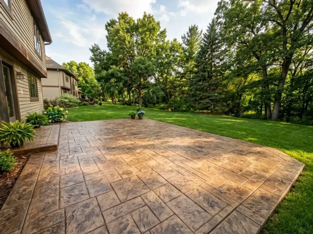 Colored concrete patio in Chanhassen, Minnesota — integral color with decorative saw-cut joints.