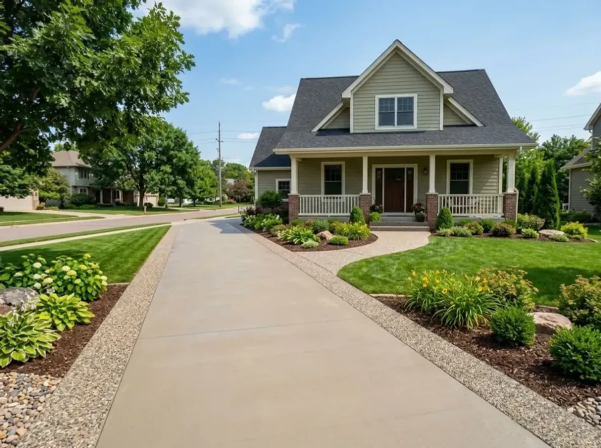 Stamped concrete pool deck in Victoria, Minnesota — light sandstone texture for lakeside home.