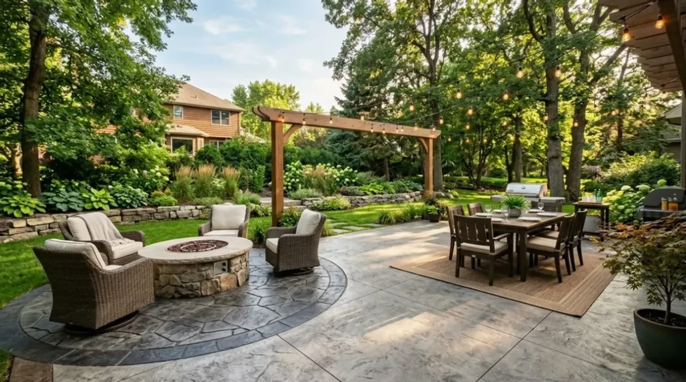 Concrete patio with fire pit pad and outdoor living area in Minneapolis suburb