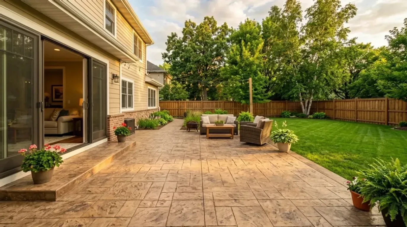 Custom stamped concrete patio installation in a Twin Cities backyard by Jensen Decorative Concrete