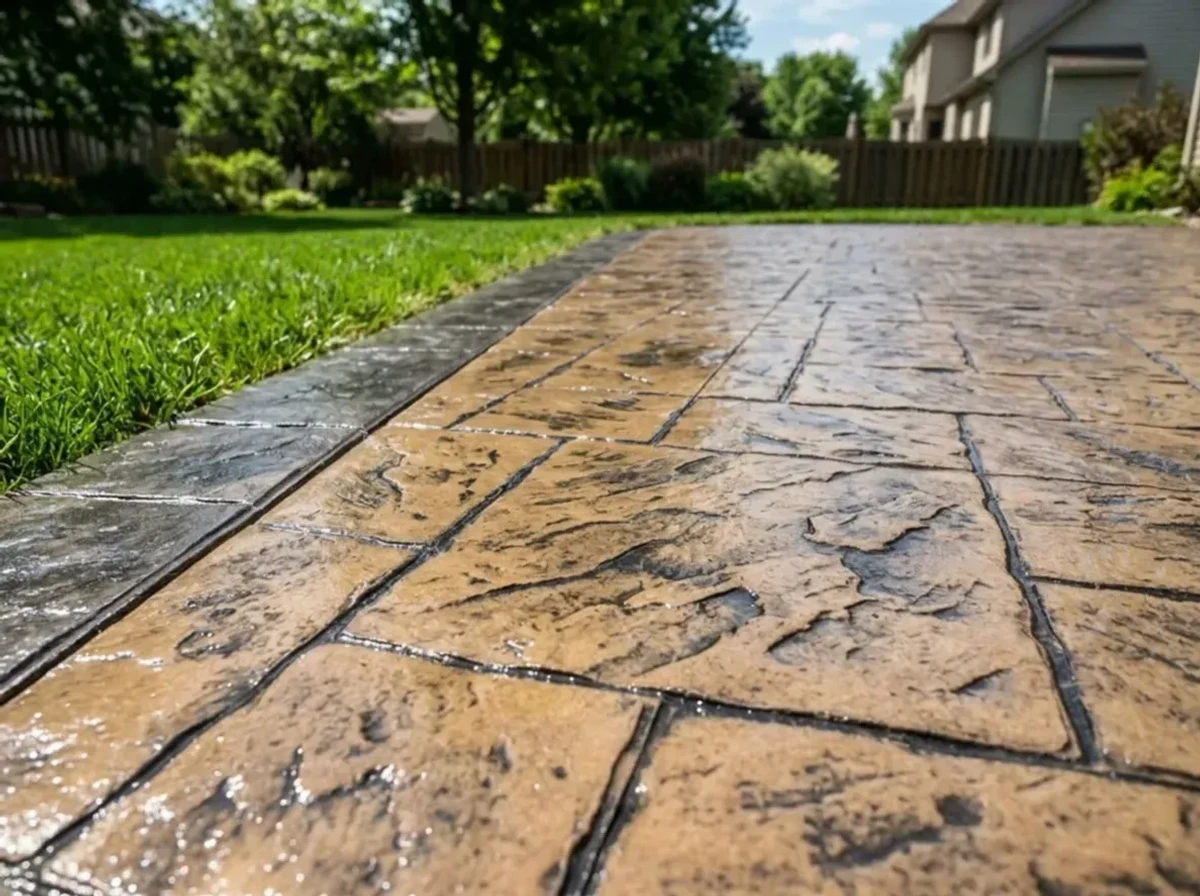 Stamped concrete patio detail showing ashlar slate pattern with color hardener finish by Jensen Decorative Concrete