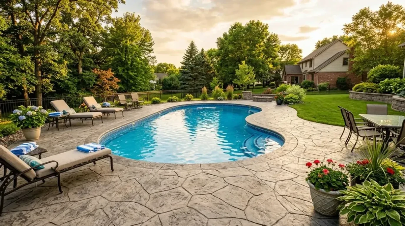 Stamped concrete pool deck surrounding an in-ground pool in the Twin Cities metro area by Jensen Decorative Concrete