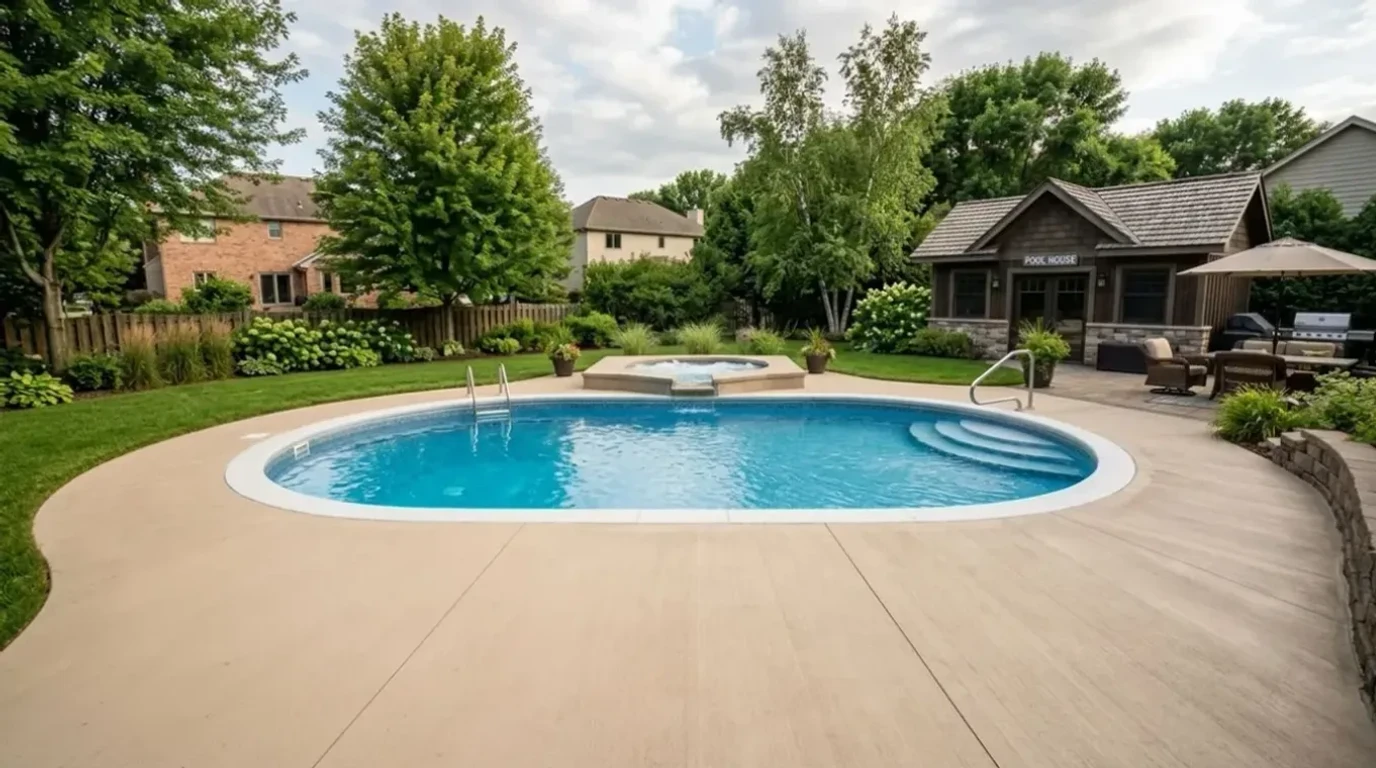Colored concrete pool deck with hot tub pad in a Twin Cities suburban backyard