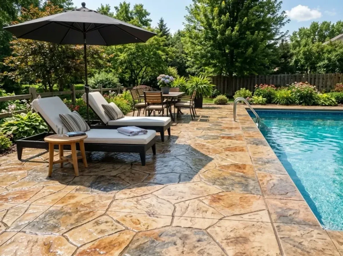 Sealed stamped concrete pool deck with flagstone pattern in warm earth tones