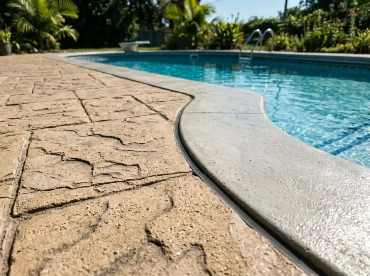 Close-up of stamped concrete pool deck showing slip-resistant texture and ashlar slate pattern by Jensen Decorative Concrete