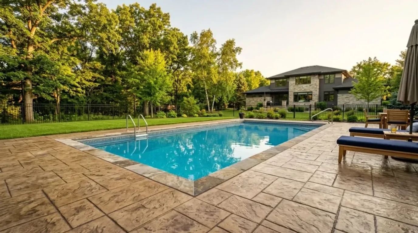 Stamped concrete pool deck installation in Edina, MN by Jensen Decorative Concrete