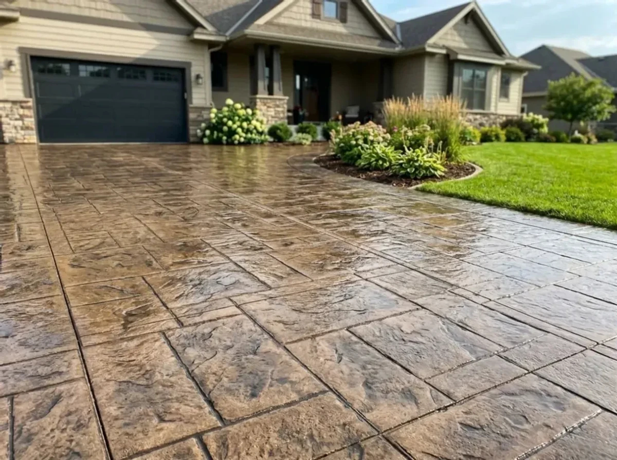 Stamped concrete driveway completed by Jensen Decorative Concrete