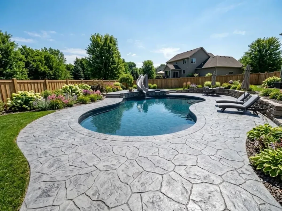 Decorative concrete pool deck completed by Jensen Decorative Concrete