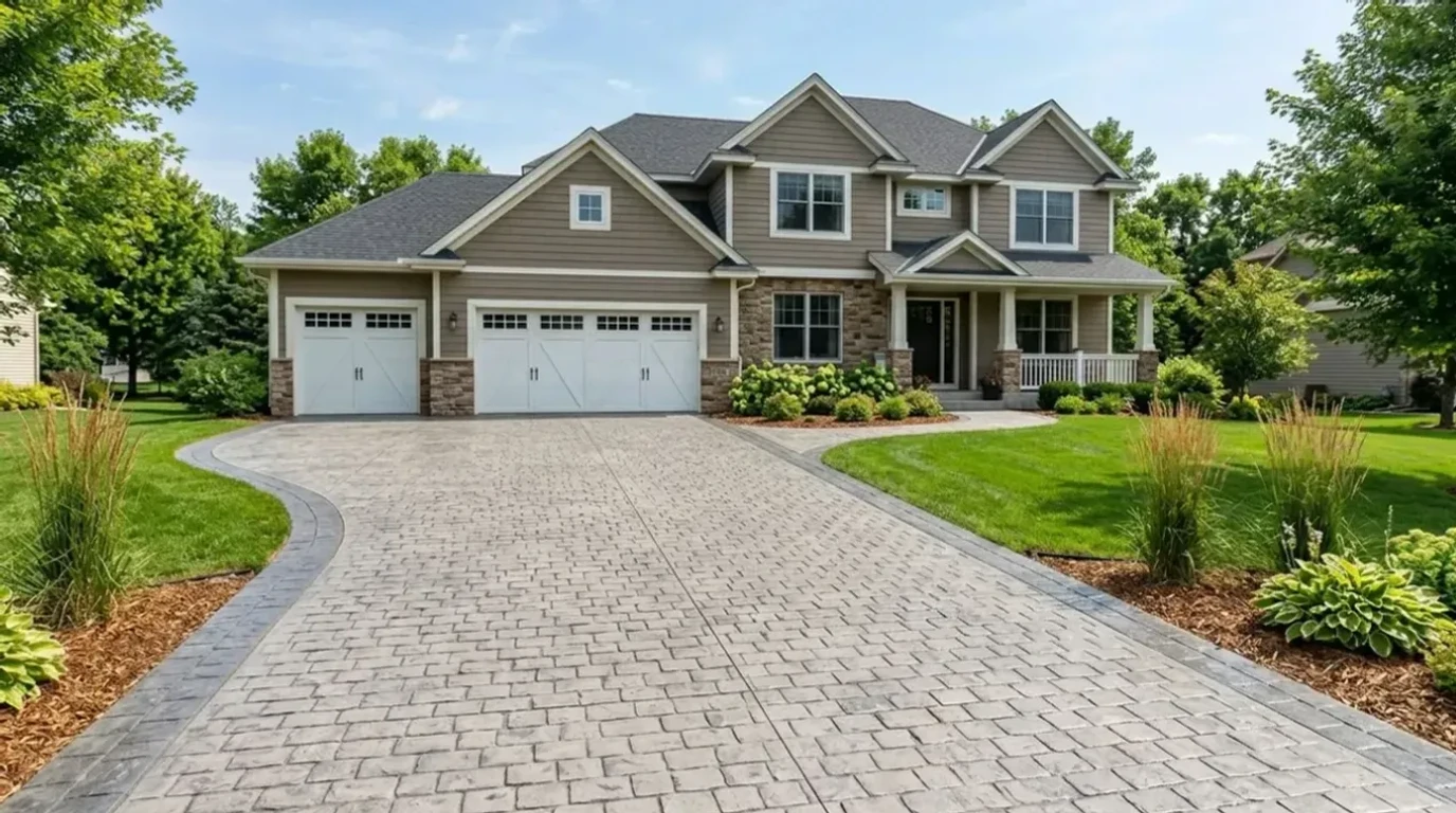 Jensen Concrete Stamped concrete driveway with cobblestone pattern and decorative border in Eden Prairie, MN