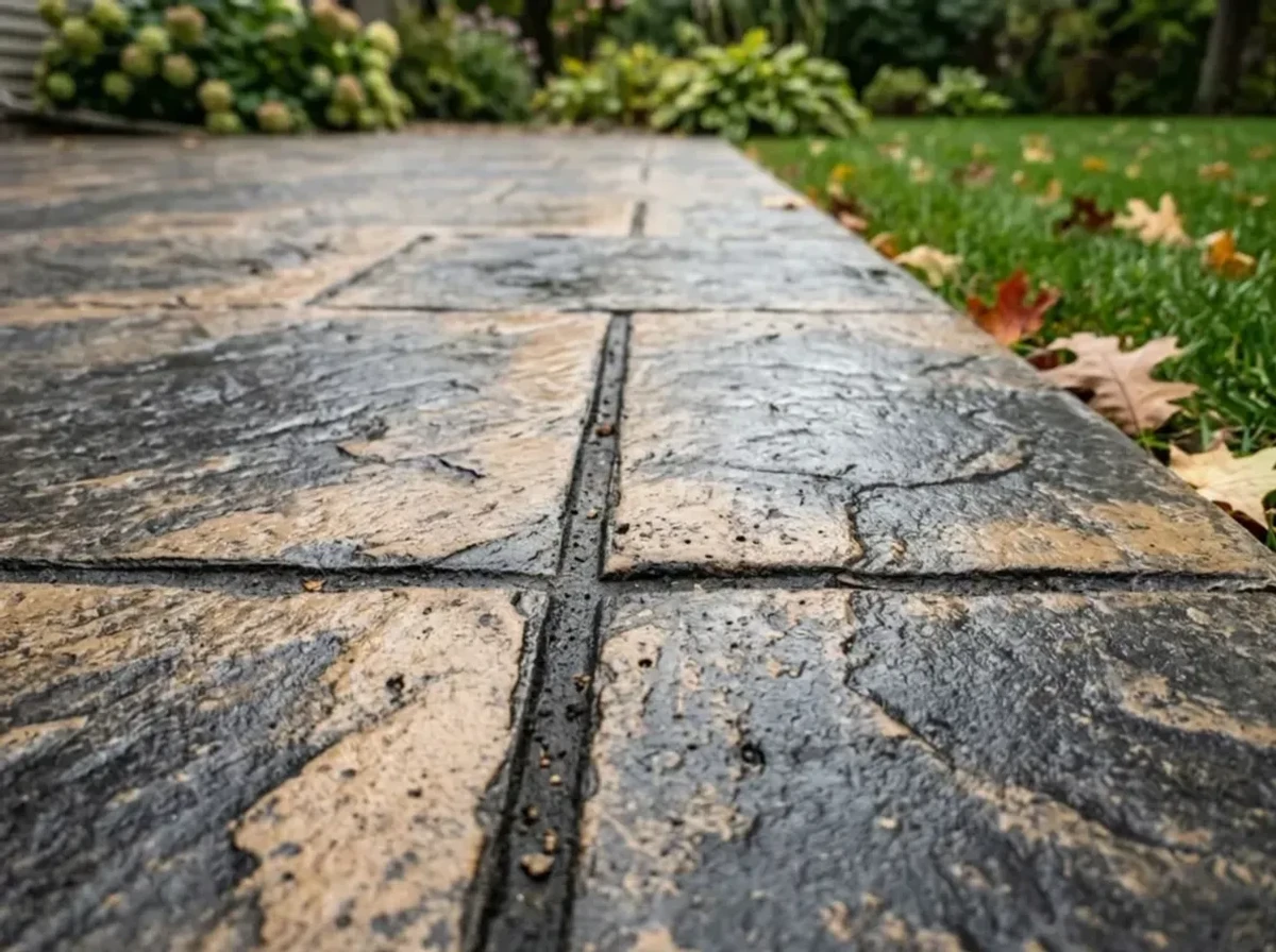 Jensen Concrete Close-up of ashlar slate stamped concrete pattern showing detailed texture and two-tone coloring