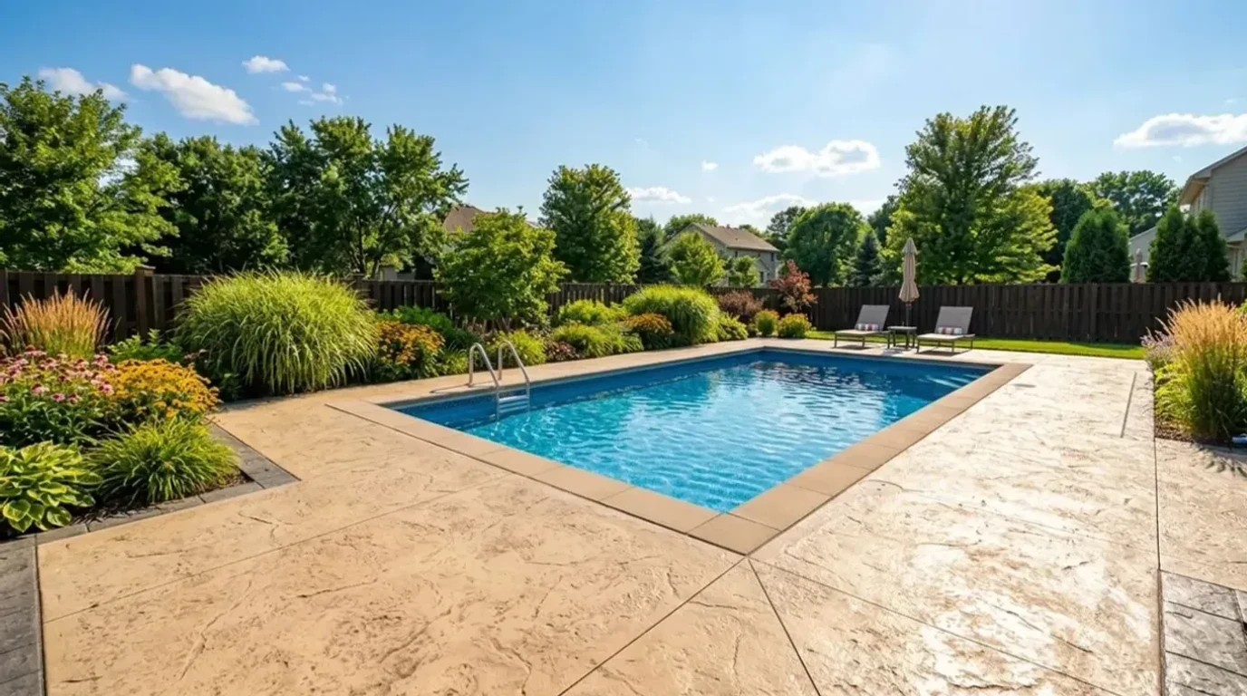 Jensen Concrete Stamped concrete pool deck with knockdown texture in Shorewood, MN