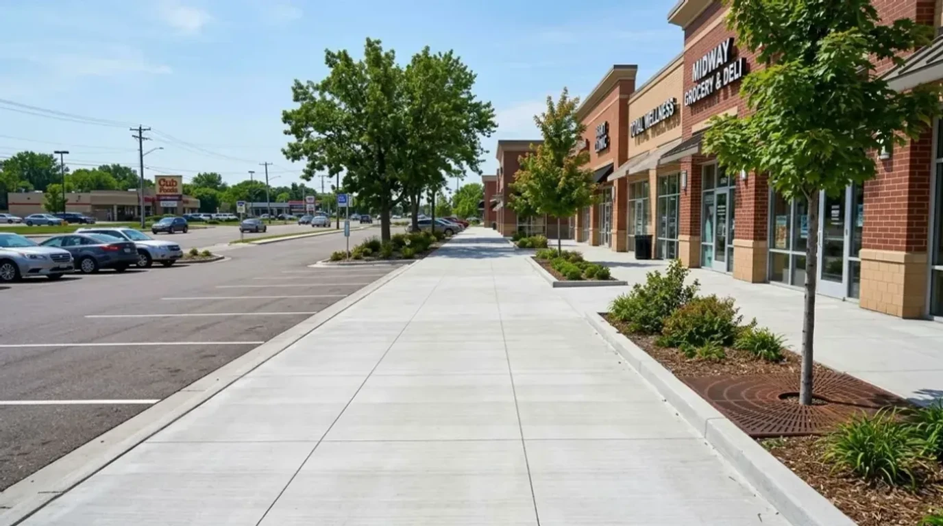 Commercial concrete sidewalk installation along Twin Cities storefront