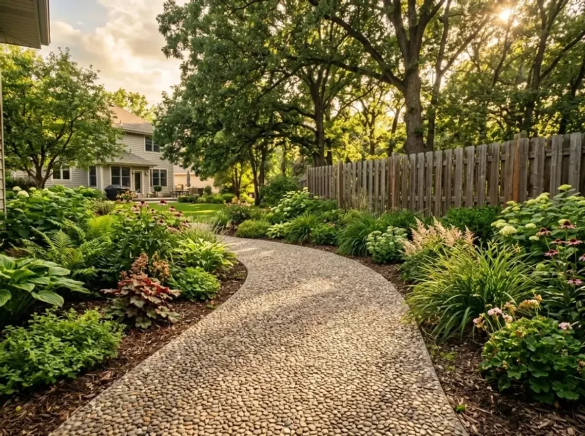 Curved exposed aggregate garden path through landscaped residential yard in Minnesota