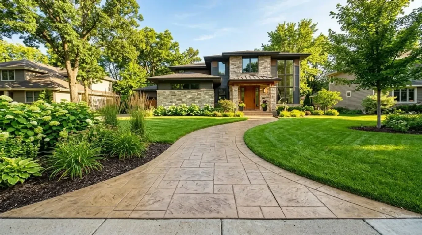 Decorative stamped concrete walkway leading to a residential front entry in the Twin Cities Metro