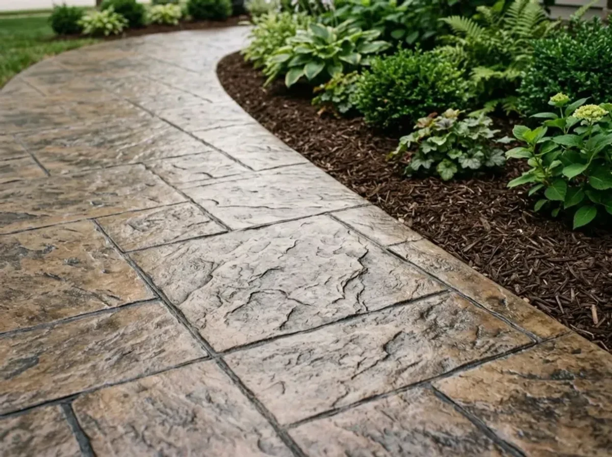 Stamped concrete walkway installation detail showing ashlar slate pattern in Minnetonka, MN